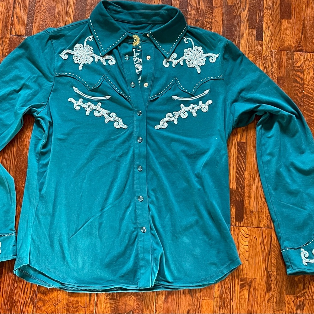 Double D Ranch Teal Long Sleeve Top with White Embroidery